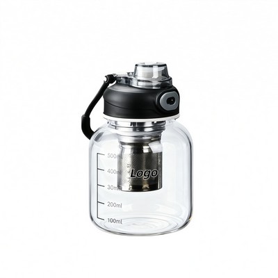 High Borosilicate Glass Tea Infuser Bottle with Measurement Markings and Carry Handle