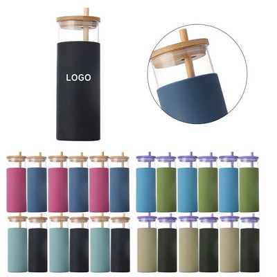 17oz Silicone Sleeve Glass Water Bottle With Bamboo Straw And Lid