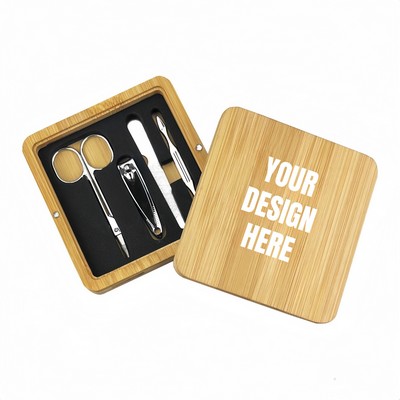 Custom Logo 4-Piece Professional Manicure Set (Includes Bamboo Storage Box)