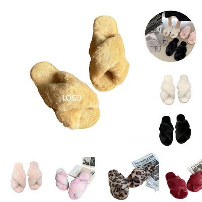 Womens Cross Band Fluffy Slippers