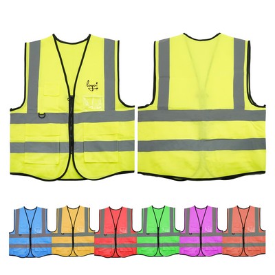 High Visibility Reflective Warehouse Construction Multi-Color Zipper Work Safety Vest with Pockets