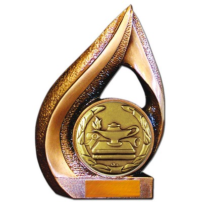 Stock 9" Flame Trophy with 2" Lamp of Knowledge Coin and Engraving Plate