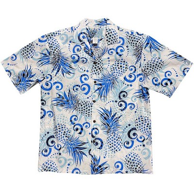 Blue Hawaiian Shirt (S - 3XL in-stock) - 100% Cotton Poplin Tropical Print w/ Coconut Buttons