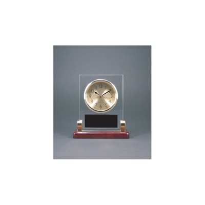 6.5" Rect Glass Desk Clock w/Posts & Rosewood Piano Finish