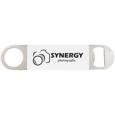 1 1/2" x 7" White/Black Bottle Opener with Silicone Grip