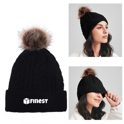 Winter Knitted Beanie W Faux Fur Pom