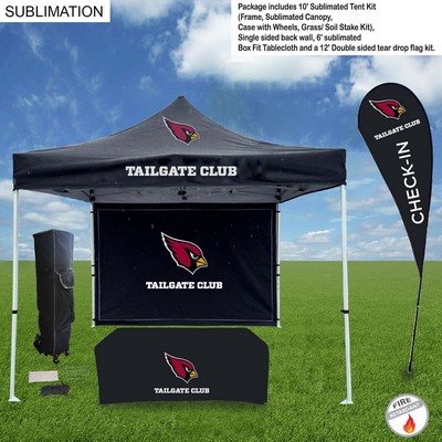 Game Day Tailgate Package, 10' Tent kit, Backwall, Box Fit Tablecloth, and Double sided Flag Kit