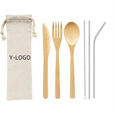 Biodegradable Bamboo Cutlery Set W/ Canvas Pouch
