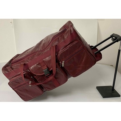 ROLLING 25" Burgundy Leather Travel Bag Luggage w/ HEAVY DUTY WHEELS & TELESCOPING HANDLE