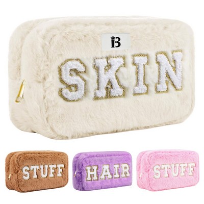 Soft Faux Rabbit Fur Embroidered Makeup Storage Bag