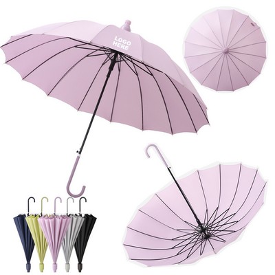Custom Logo 16-Rib Straight Umbrella with Hook Handle