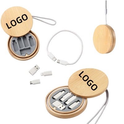 Round Bamboo Multi USB Charging Adapter Cable Kit for Travel