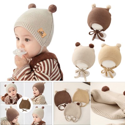Baby Knitted Hat W/ String and Pom-Pom
