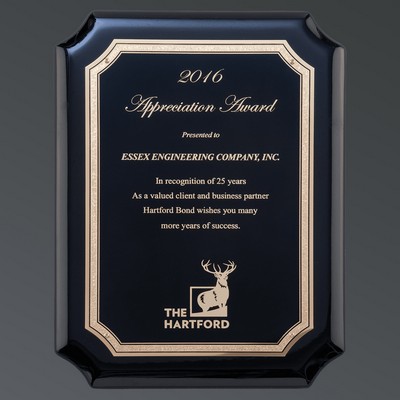 Ebony High Gloss Piano w/Notched Corners, Black Brass Laser FX/Gold Florentine, Medium (8"x10-1/2")