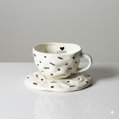 Handcrafted Ceramic Coffee Cup Saucer Set Hand Pinched Irregular Design Valentine's Day Gift 260ml