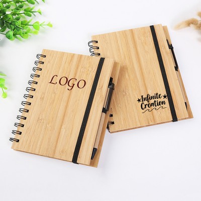 A5 Bamboo Cover Spiral Notebook w/Click Action Ballpoint Pen