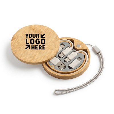 Round Bamboo Multi-Function Charging Cable Kit