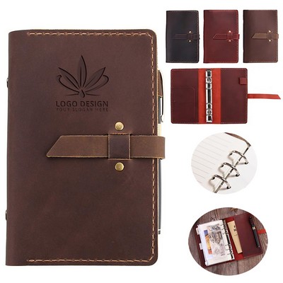 6-ring Binder Crazy Horse Leather Notebook w/ Card Slot