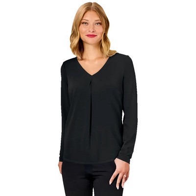 Ladies' L/S Matte Jersey Pleated V-Neck Blouse