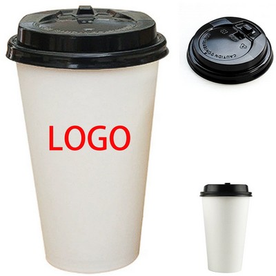 Professional Sixteen Ounce Disposable White Paper Coffee Cup With Black Dome Lid