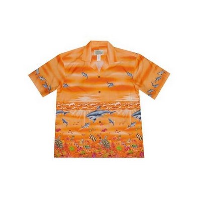 Orange Hawaiian Border Print Cotton Poplin Shirt w/Button Front