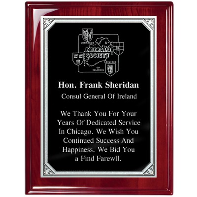 Rosewood Piano Finish Plaque with Florentine Border Plate, 8 x 10"