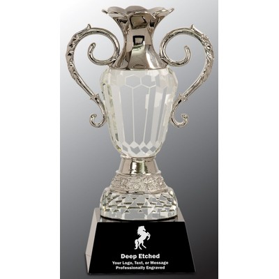 10" Crystal Cup with Silver Metal Handles on Black Pedestal Base Award