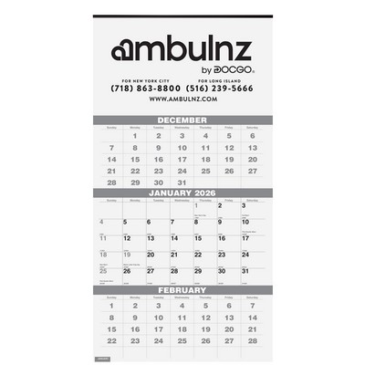 Three Month At A Glance Wall Calendar w/1 Color Imprint (12¼"x25")