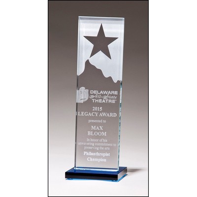 Etched Clear Glass Award w/Star Mountain Peak & Blue Glass Base