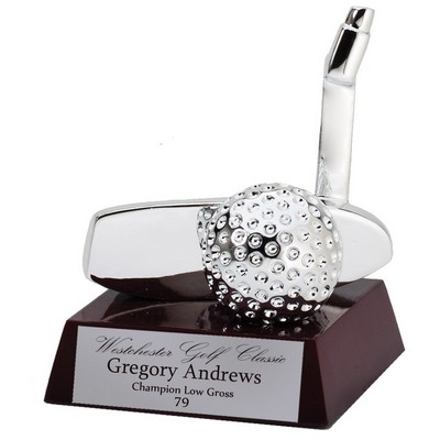 4" Silver Electroplated Golf Putter & Ball Trophy