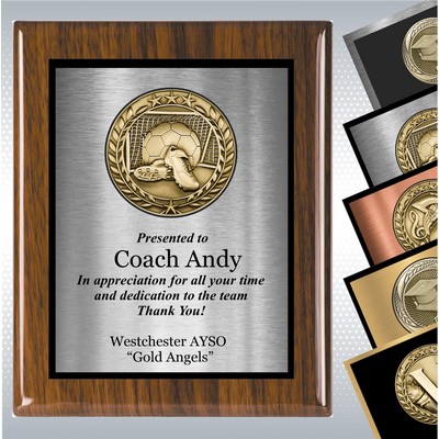 Walnut Piano Finish Wood Plaque w/Choice of Medallion Over Double Plate (10.5" x 13")