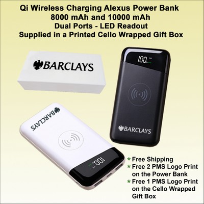 i Wireless Charging Alexus Powerbank 8000 mAh Dual Ports Cello Wrapped Printed Box No Extra Tariff