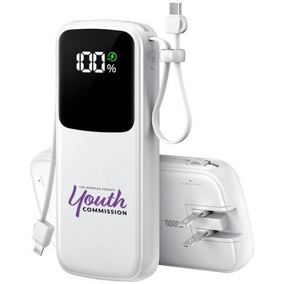 Portable Charger Power Bank, Built-in AC Wall Plug and 2 Output Cables with LED Display