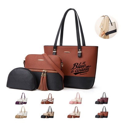 3-Piece Set Color Contrast PU Leather Tote Shoulder Bag
