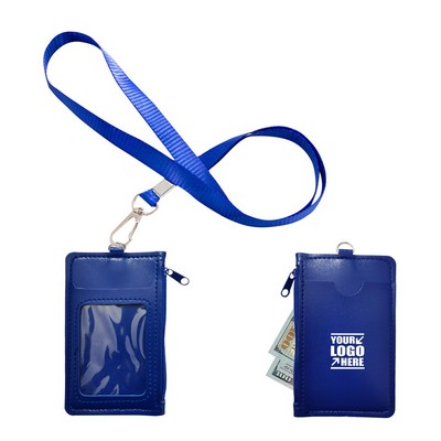 Elegant PU Leather Card Case With 1 Side Zipper Pocket And Lanyard