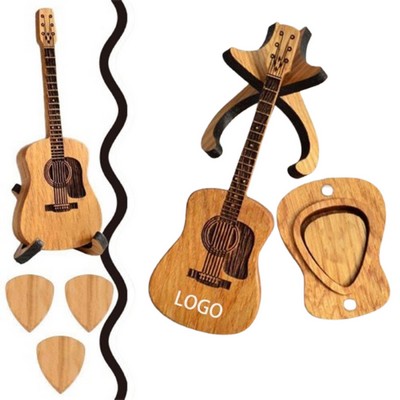 Guitar Shaped Wooden Guitar Pick Storage Box with Stand