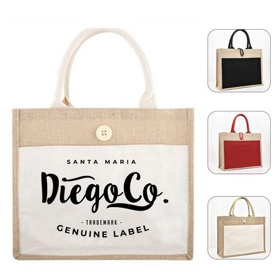 Burlap Shopping Tote Bag with Front Pocket