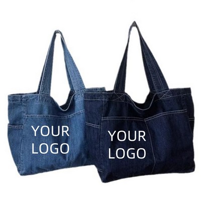 Vintage Style Denim Pocket Tote Bag