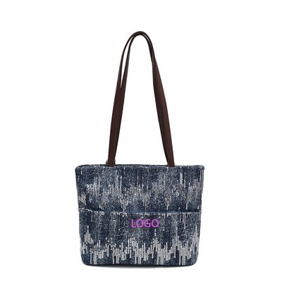 Stylish Glitter Denim Backpack (3-Way Carry)