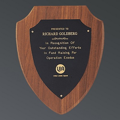 Genuine American Walnut Shield with Black Brass Plate, Small (6"x7-1/2")