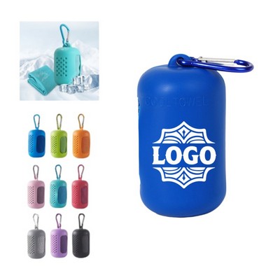 Custom Quick Dry Microfiber Ice Cooling Towel W/Silicone Carrying Case & Metal Carabiner Clip
