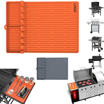 Bbq Grill Silicone Side Tray Mat -Non-Slip Grease Drip Pan & Utensil Holder