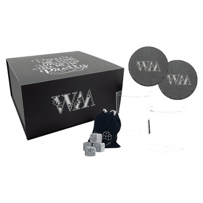 Whiskey Set with Two 9 oz. Glasses, Two 4" Slate Coasters, and 8 Granite Whiskey Stones with a Bag