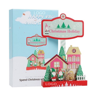 Christmas Wood House Festive Scene Decor W/ Gift Box