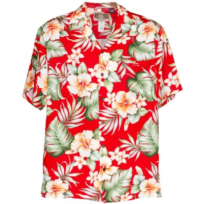 Red Hawaiian Shirt - 100% Silky Rayon Tropical Bahama Print w/ Coconut Buttons