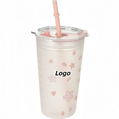 Cherry Blossom Glass Tumbler with Lid and Straw