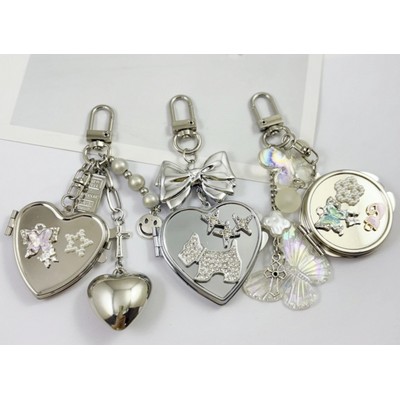 Rhinestone Heart Mirror Keychain Double Sided Round Compact Bag Charm Accessory Valentine's Day Gift
