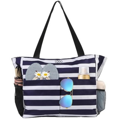 Large Waterproof Beach Tote Bag Multi Pocket Foldable Sand Proof Carry Bag Portable Travel Storage