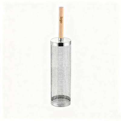 Upgraded Wooden Handle BBQ Grill Basket – Portable Outdoor Round Rotating Barbecue Net