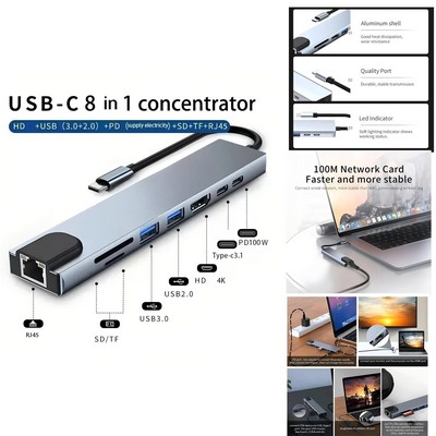 Type-C Expansion USB HDMI Ethernet Adapter Computer Converter 8-in-1 Docking Station